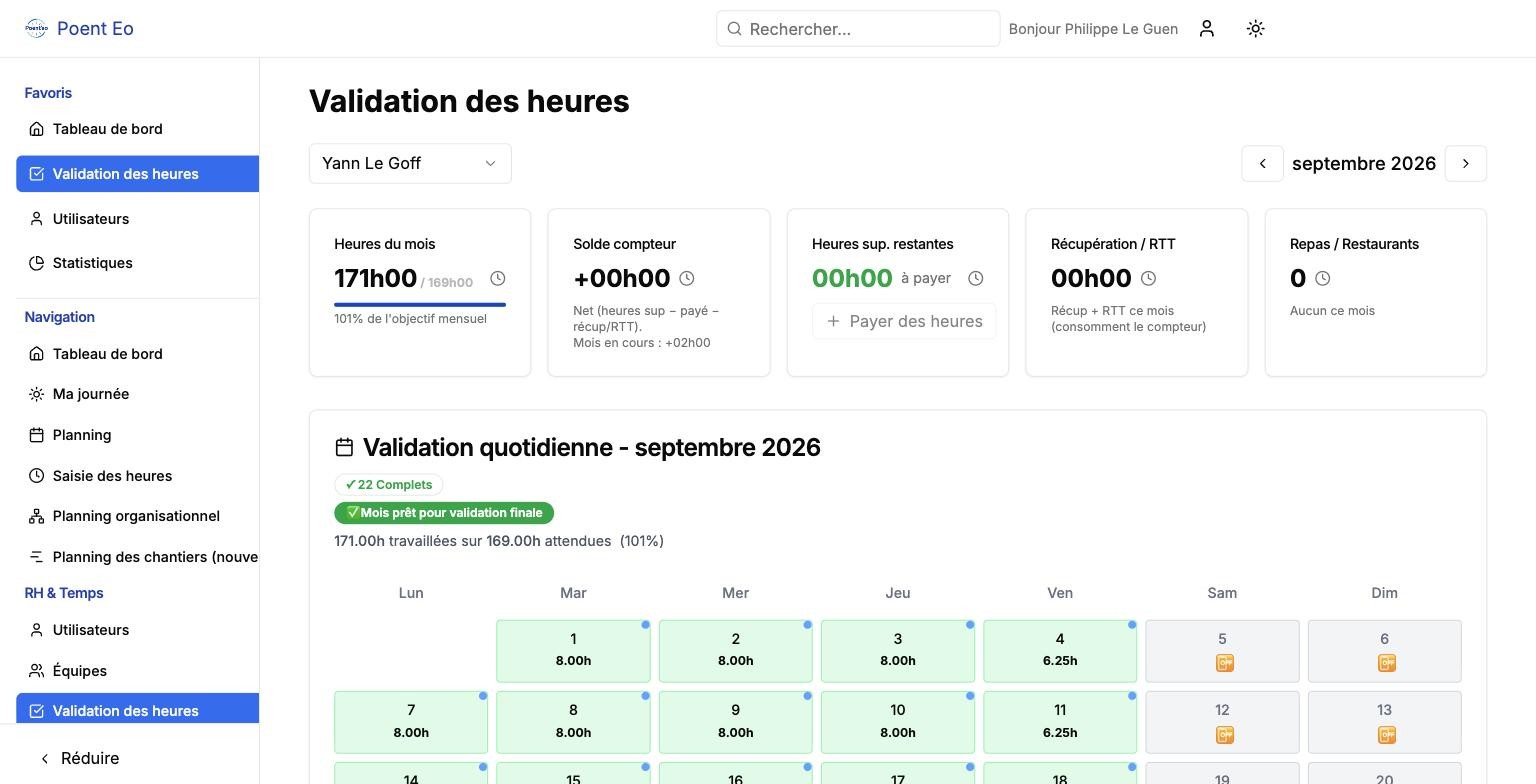 Validation des heures d'un salarié : heures du mois, compteur d'heures sup et calendrier des journées complètes